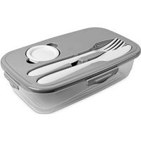 1x Voedsel plastic bewaarbakje 1 liter transparant/grijs met bestek en dressingbakje - Lunchboxen - thumbnail