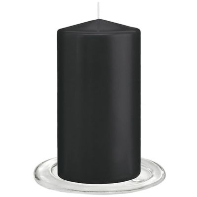 Trend Candles - Stompkaarsen met glazen onderzetters set van 2x stuks - zwart 8 x 15 cm
