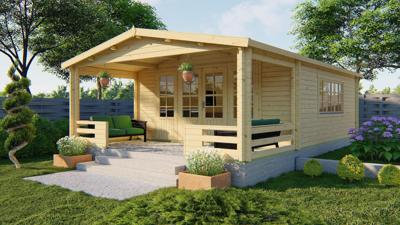 Tuindeco Wigan Blokhut 540x540 cm + luifel 200 cm 58 mm vuren blank- Zadeldak- Onbehandeld vurenhout- Tuindeco