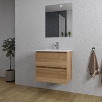 Adema Chaci Badkamermeubelset - 60x46x57cm - 1 ovale keramische wasbak wit - 1 kraangat - 2 lades - rechthoekige spiegel - eiken SW1212759/SW718716/SW724610