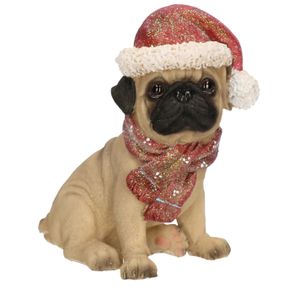 Polystone Mopshond met kerstmuts   -