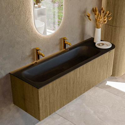 Badmeubel Mondiaz Kurve | 145 cm cm | Meubelkleur Dusk | Wastafelkleur Urban | Solid surface | Wasbak links zijde spoelbak | 2 kraangaten