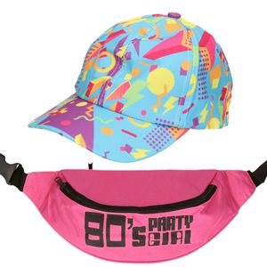 Foute 80s/90s party verkleed set - dames - retro pet en heuptasje - jaren 80/90 verkleed accessoires