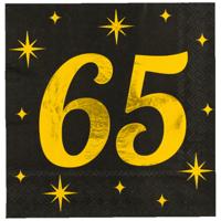 Verjaardag feest servetten - leeftijd 65 jaar - 16x stuks - zwart/goud - sterren - 33 x 33 cm