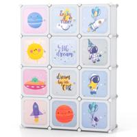 Kinderkast met 2 Hangsecties en 12 Vakken Schattige Cartoon Commode Wit