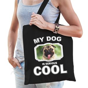 Katoenen tasje my dog is serious cool zwart - mopshond honden cadeau tas