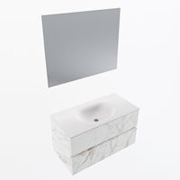 MONDIAZ VICA 90cm badmeubel onderkast Carrara 2 lades. Wastafel Moon midden zonder kraangat, kleur Talc met spiegel LED.