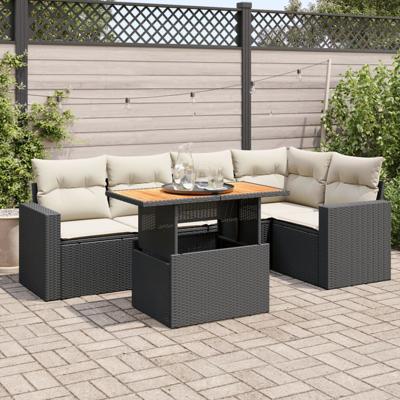 6-delige Loungeset met kussens poly rattan zwart