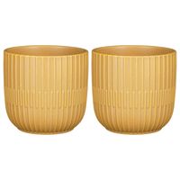 2x Stuks Plantenpot/bloempot keramiek mat okergeel stripes patroon - D14/H13 cm