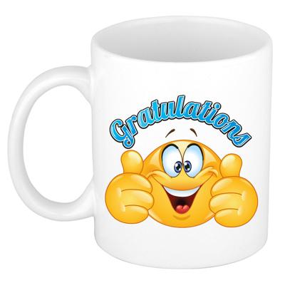 Cadeau koffie/thee mok - duim omhoog smiley - gratulations - blauw - 300 ml - keramiek