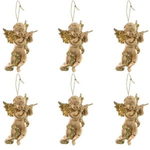 6x Kerst hangdecoratie gouden engeltje met dwarsfluit muziekinstrument 10 cm   -