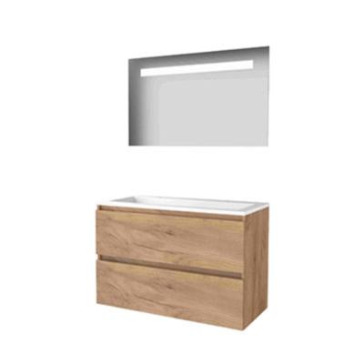 Basic-Line Economic 46 Badkamermeubelset - 100 x 46 cm - Greeploos - 2 Lades - Acryl Wastafel - 2 Kraangaten - Spiegel met LED Verlichting - Whisky Oak