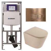 QeramiQ Dely Toiletset - 36.3x51.7cm - diepspoel - rimless - Geberit UP320 inbouwreservoir - softclose toilet zitting - koperen bedieningsplaat - rechthoekige knoppen - mat beige SW1000764/SW1000770/0701131/SW706197