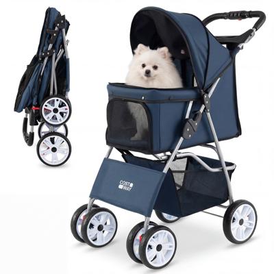 Opvouwbare Huisdierenwagen met Ademend Gaas Waterdichte Bekleding Terreinbanden Lichte Reisbuggy voor Katten met Bekerhouder en Opbergmand voor Kleine Honden en Katten tot 15 kg-Blauw
