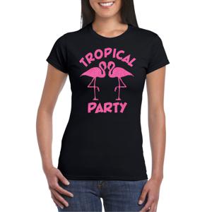 Tropical party T-shirt voor dames - met glitters - zwart/roze - carnaval/themafeest