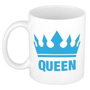 Cadeau Queen mok/ beker wit met blauwe bedrukking 300 ml - feest mokken