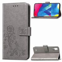 Lucky Clover ingedrukt bloemen patroon lederen draagtas voor Galaxy M10 met houder & kaartsleuven & portemonnee & hand strap (grijs)