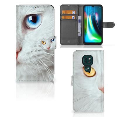 Motorola Moto G9 Play | E7 Plus | Telefoonhoesje | Met pasjeshouder | Witte Kat