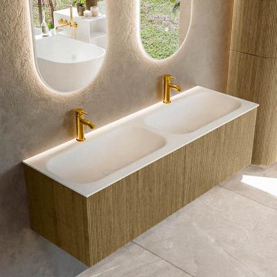 Badmeubel Mondiaz Kurve | 140 cm cm | Meubelkleur Dusk | Wastafelkleur Talc | Solid surface | Wasbak beiden zijden spoelbak | 2 kraangaten