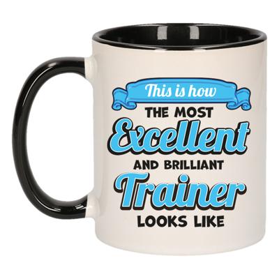 Cadeau koffie/thee mok trainer/coach - excellent trainer - zwart - keramiek - 300 ml