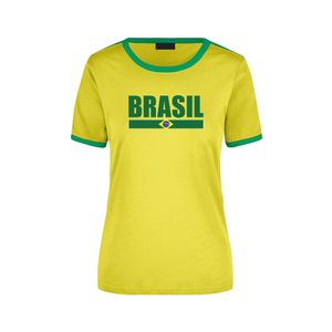 Brasil supporter geel / groen ringer t-shirt Brazilie met vlag voor dames