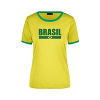 Brasil supporter geel / groen ringer t-shirt Brazilie met vlag voor dames - thumbnail