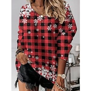 Dames Trui Kerst Truien V-hals Geribd breien Polyester Afdrukken Gebreid Herfst Winter Normaal Buiten Kerstmis Uitgaan Dagelijks Stijlvol Casual Lange mouw Ruitjes Zwart Wijn Rood S M L miniinthebox