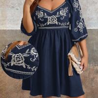 Plus Size Black Rose Floral Embroidery Boho Vacation Dress Blue / 1XL