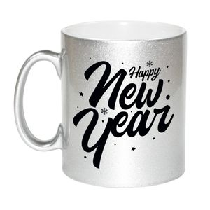 Happy new year cadeau zilveren mok 330 ml