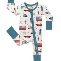 Baby Bamboo Fiber Zip-Up, USA 4TH OF JULY Print Romper, All-Season Knit Fabric Skinny Fit With Zipper Detail, Boy Girl Baby Clothes, Perfect For Outdoor Blue / 0-3M