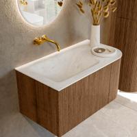 Mondiaz KURVE-DLUX 85 cm Onderkast Greeploos 1 Lade Met Deuren Walnut, Wastafel Solid Surface Links Opalo 0 Kraangaten Zonder Spiegel (KRVCLO85R1L1D0KL-Wal/Opa)