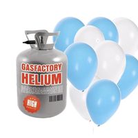 Helium tank met blauwe en witte ballonnen 50 stuks