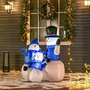 HOMCOM Sneeuwpop familie zelfopblaasbare decoratie led met ventilator blauw | Aosom Netherlands