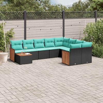 10-delige tuinbankset met kussens van zwart polyrotan