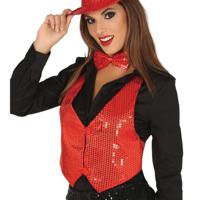 Verkleed set voor dames - gilet en vlinderstrikje - rood - pailletten - one size - carnaval - thumbnail