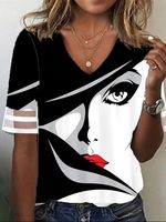 Loose V Neck Abstract Casual T-Shirt - thumbnail