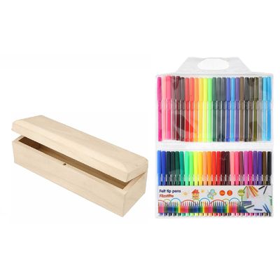 Houten tekenen stiften opbergdoosje 20 x 6 cm met 50x gekleurde viltstiften