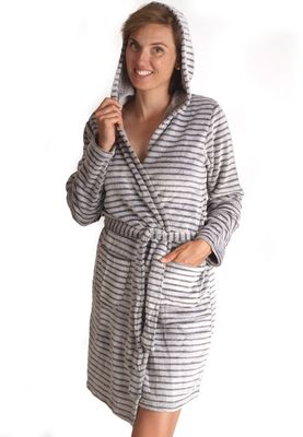 Zachte fleecebadjas streepmotief- met capuchon