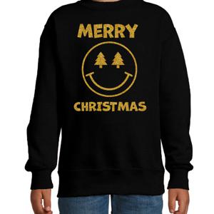 Kersttrui/sweater voor jongens/meisjes - Merry Christmas - zwart - smiley - glitter goud