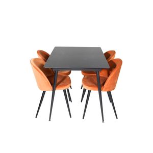 SilarBLExt eethoek eetkamertafel uitschuifbare tafel lengte cm 120 / 160 zwart en 4 Velvet eetkamerstal velours oranje,