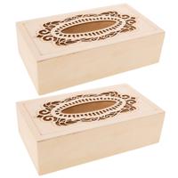 Tissuedoos - 2x stuks - naturel - sierlijk design - 26 x 14 cm - hout - rechthoekig