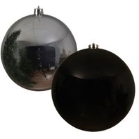 2x stuks grote kerstballen van 20 cm glans van kunststof zwart en zilver - thumbnail