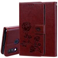 Rose reliëf horizontale Flip PU lederen case voor Galaxy A40 met houder & kaartsleuven & portemonnee (bruin)