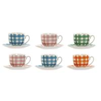 Set van 6 kopjes met schotel Home ESPRIT Blauw Groen Oranje Roze Porselein Strepen Mediterrane 240 ml