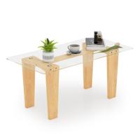 Salontafel van Gehard Glas Moderne Rechthoekige Centrale Tafel van 100 cm met Massief Rubberhouten Poten Minimalistische Cocktailtafel