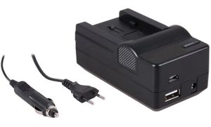 4-in-1 acculader voor Panasonic VW-VBT190 / VW-VBT380 - compact en licht - laden via stopcontact, auto, USB en Powerbank