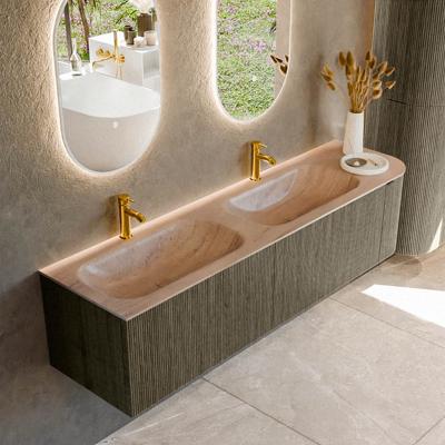 Badmeubel Mondiaz Kurve-Dlux | 175 cm | Meubelkleur Shadow | Wastafelkleur Saba | Solid surface | Dubbel / Links spoelbak | 2 kraangaten