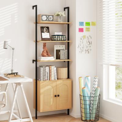 3-laags Boekenrek met Rieten Kast 184 cm Wandmontage Ladderrek Open Presentatie Rek