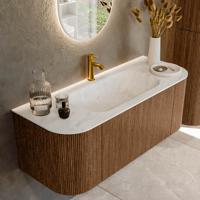 Mondiaz KURVE-DLUX 120 cm Onderkast Greeploos 1 Lade Met Deuren Walnut, Wastafel Solid Surface Midden Opalo 1 Kraangat Zonder Spiegel (KRVBGS120L+R1L2D1KM-Wal/Opa)