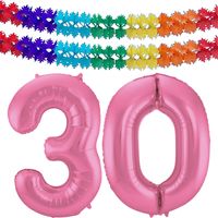 Grote folie ballonnen cijfer 30 in het glimmend roze 86 cm en 2x feestslingers - thumbnail